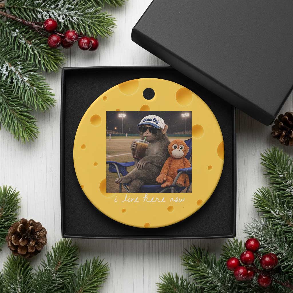 I Live Here Now Punch Monkey Ceramic Ornament Funny Drinking Iced Coffee Baseball Field
