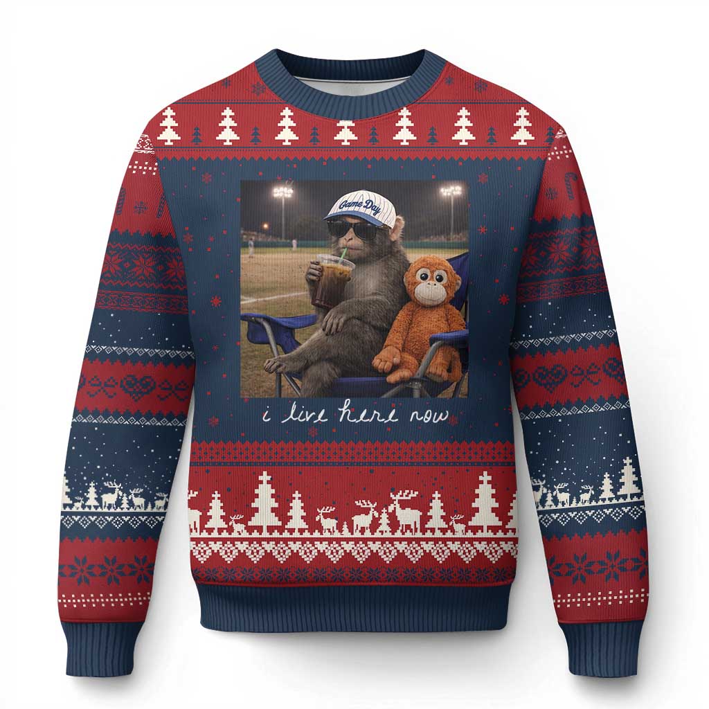 I Live Here Now Punch Monkey Ugly Christmas Sweater Funny Drinking Iced Coffee Baseball Field