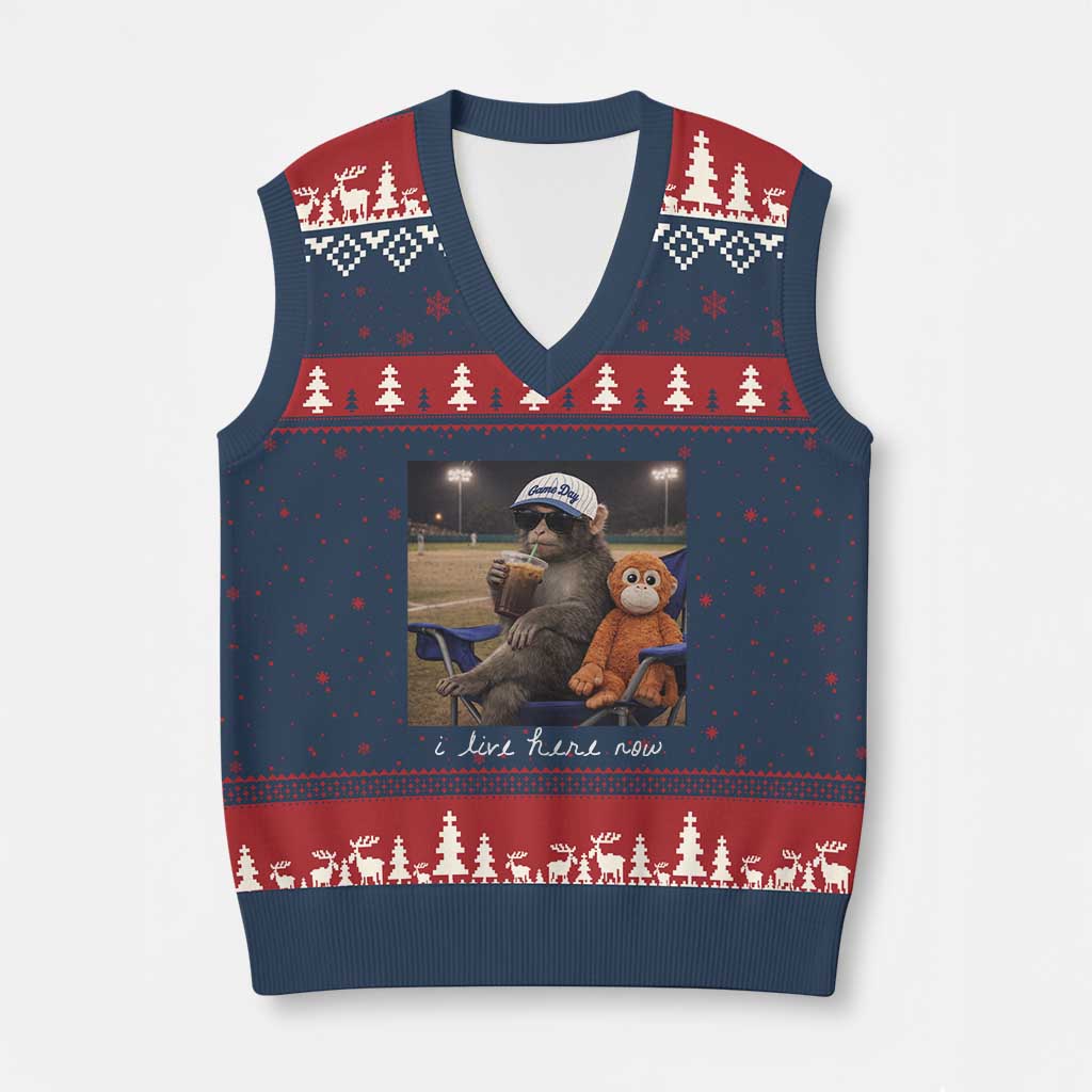 I Live Here Now Punch Monkey V-Neck Knit Sweater Vest Funny Drinking Iced Coffee Baseball Field