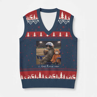 I Live Here Now Punch Monkey V-Neck Knit Sweater Vest Funny Drinking Iced Coffee Baseball Field