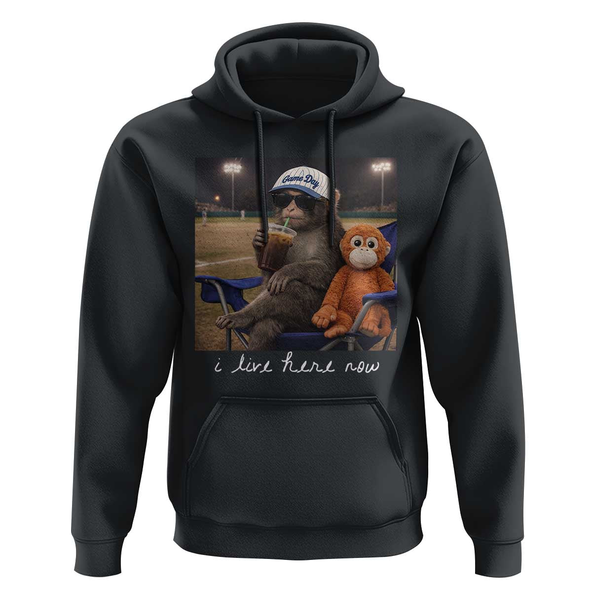 I Live Here Now Punch Monkey Hoodie Funny Drinking Iced Coffee Baseball Field