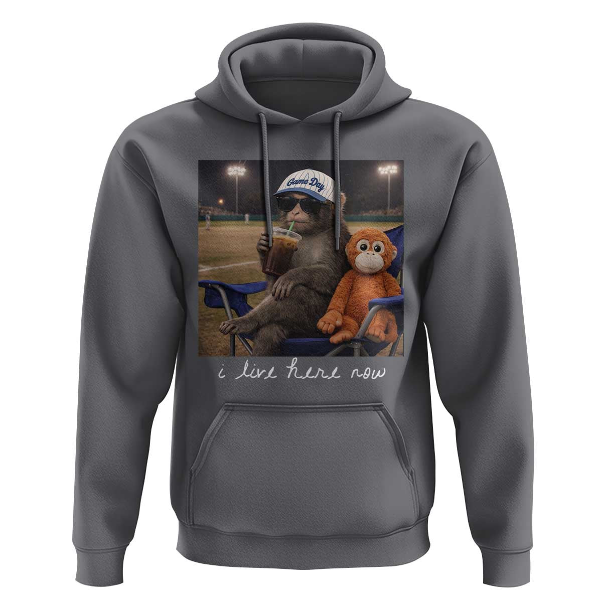 I Live Here Now Punch Monkey Hoodie Funny Drinking Iced Coffee Baseball Field
