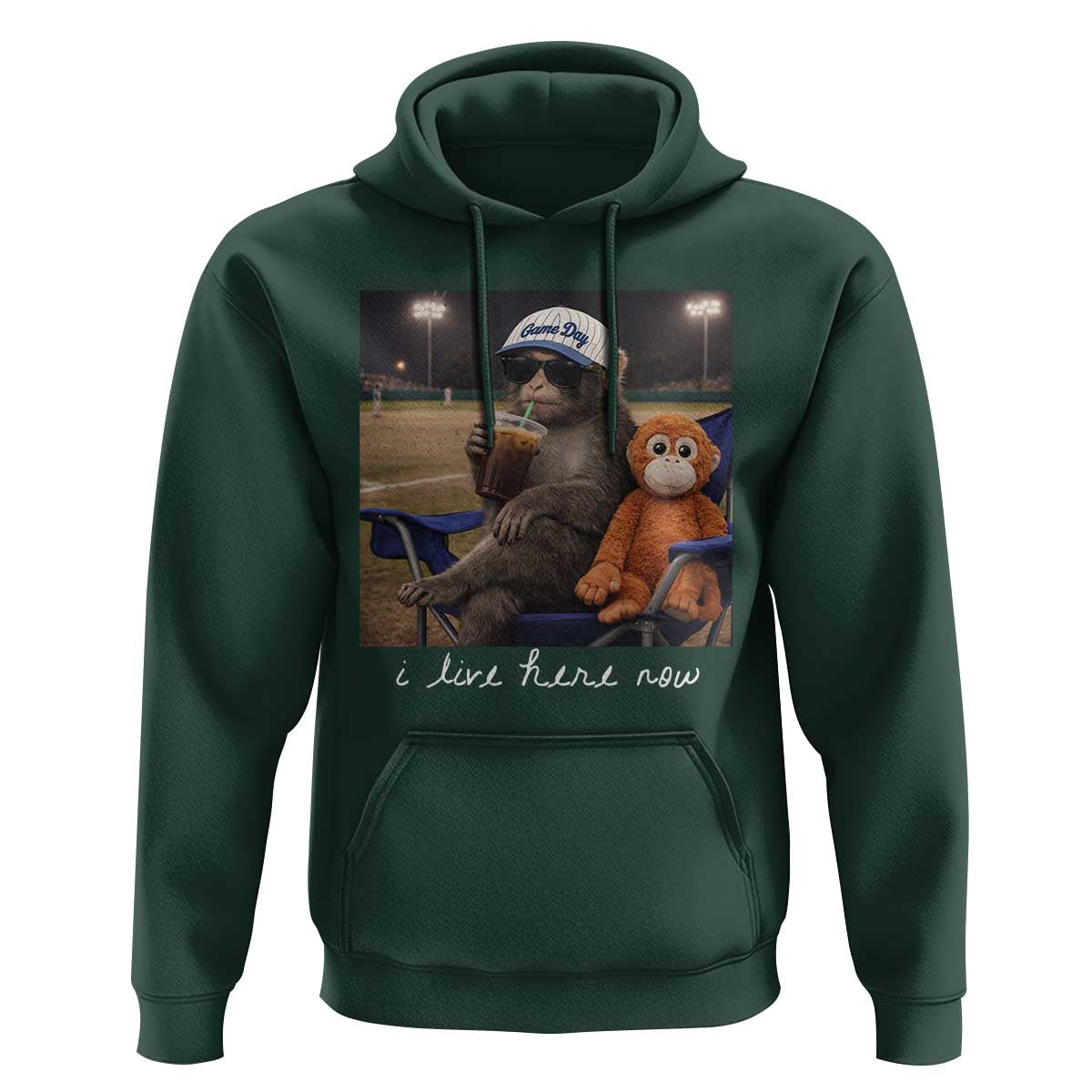 I Live Here Now Punch Monkey Hoodie Funny Drinking Iced Coffee Baseball Field