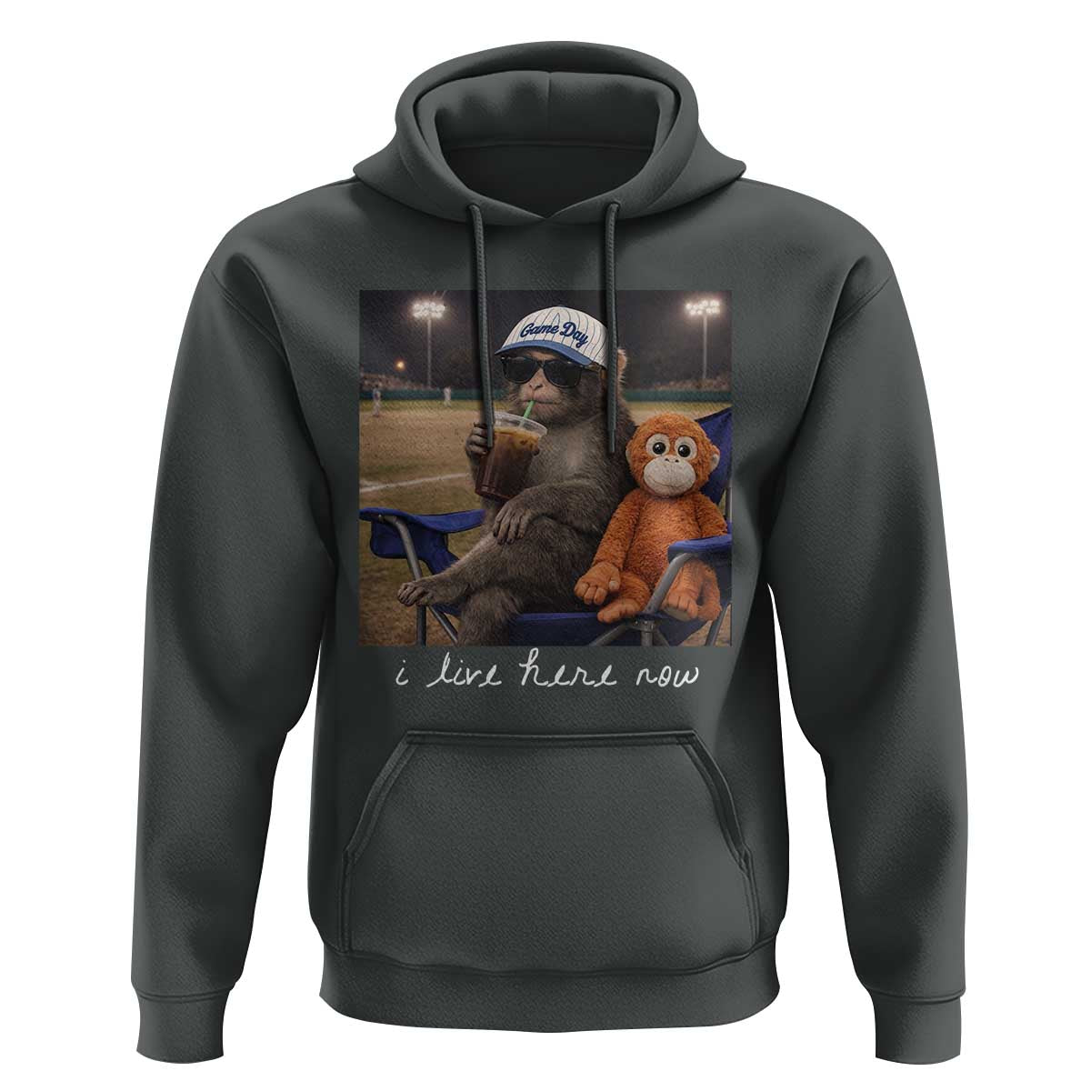 I Live Here Now Punch Monkey Hoodie Funny Drinking Iced Coffee Baseball Field
