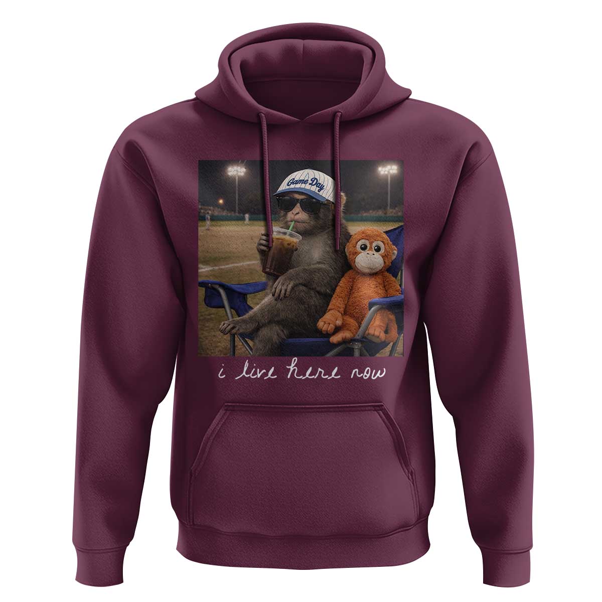 I Live Here Now Punch Monkey Hoodie Funny Drinking Iced Coffee Baseball Field