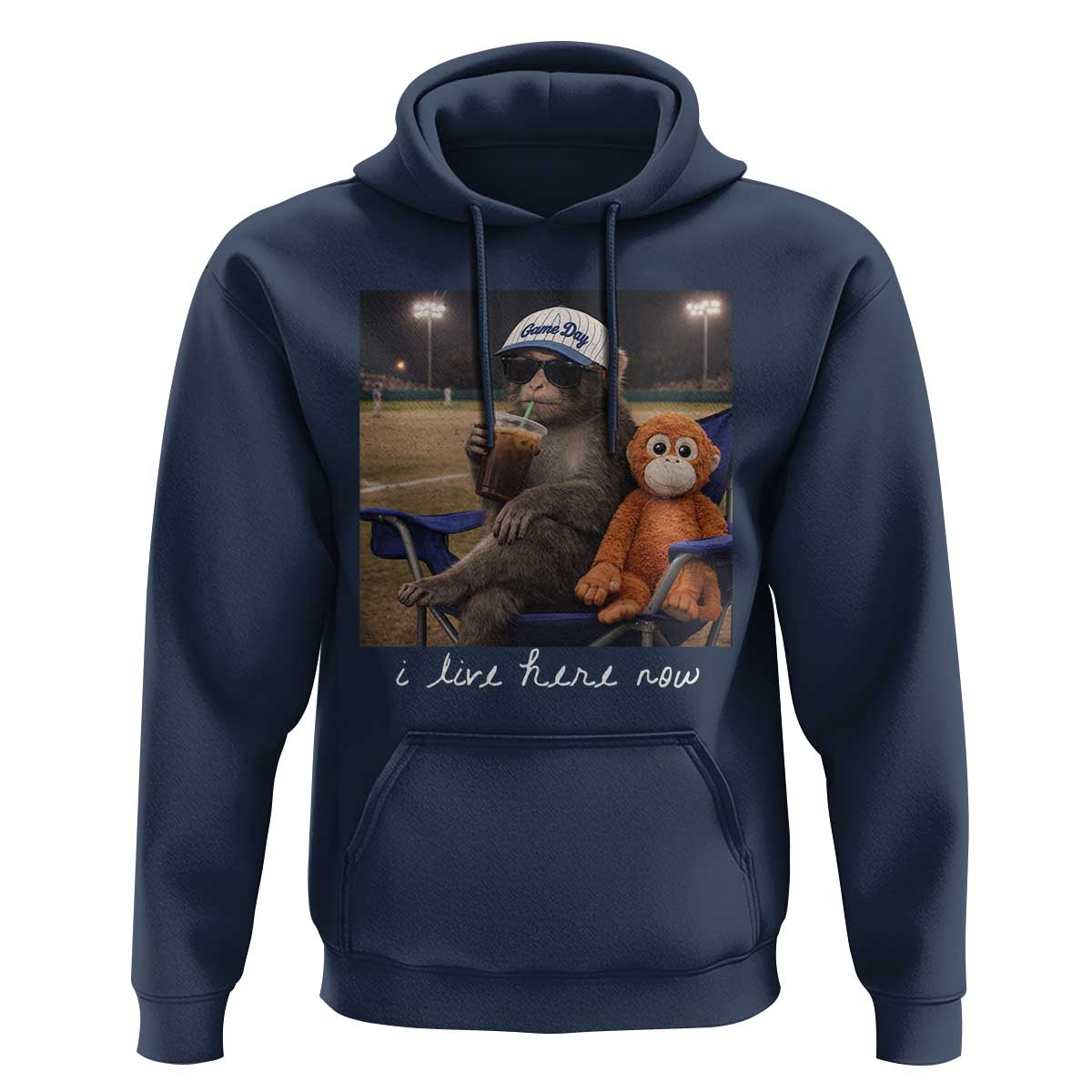 I Live Here Now Punch Monkey Hoodie Funny Drinking Iced Coffee Baseball Field