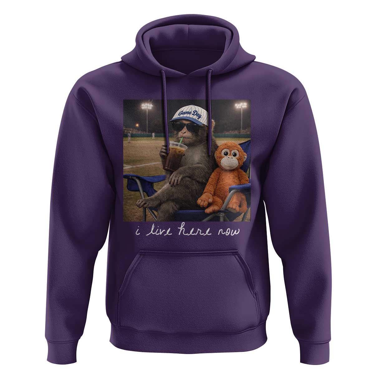 I Live Here Now Punch Monkey Hoodie Funny Drinking Iced Coffee Baseball Field