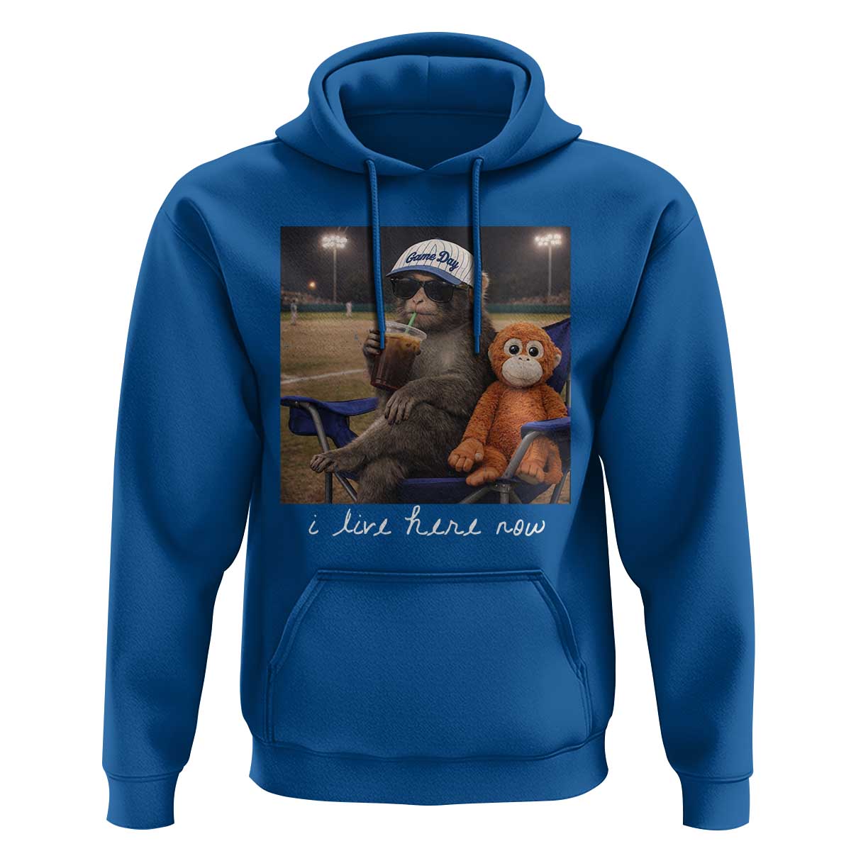 I Live Here Now Punch Monkey Hoodie Funny Drinking Iced Coffee Baseball Field