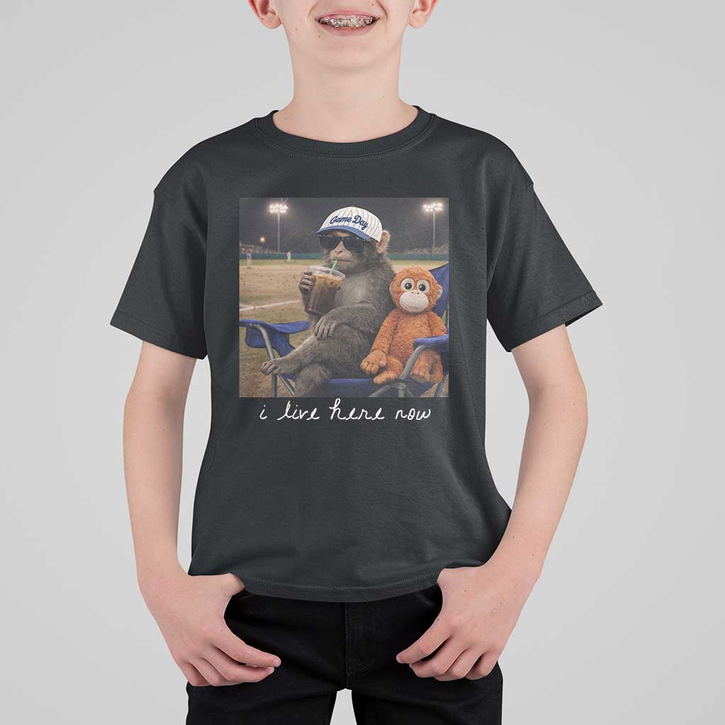 I Live Here Now Punch Monkey T Shirt For Kid Funny Drinking Iced Coffee Baseball Field