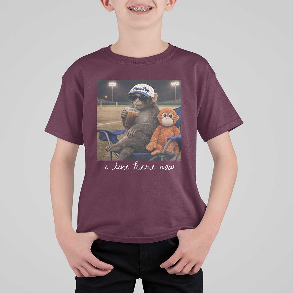 I Live Here Now Punch Monkey T Shirt For Kid Funny Drinking Iced Coffee Baseball Field