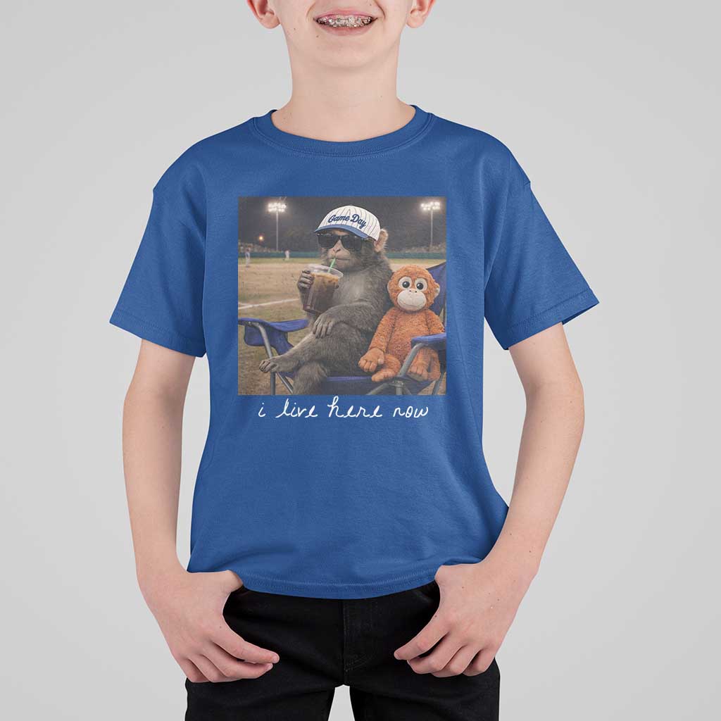 I Live Here Now Punch Monkey T Shirt For Kid Funny Drinking Iced Coffee Baseball Field
