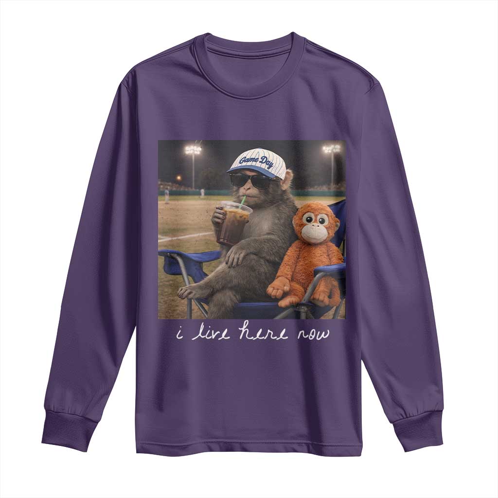 I Live Here Now Punch Monkey Long Sleeve Shirt Funny Drinking Iced Coffee Baseball Field