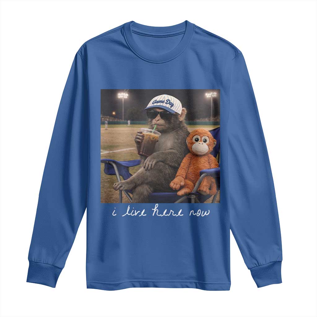 I Live Here Now Punch Monkey Long Sleeve Shirt Funny Drinking Iced Coffee Baseball Field
