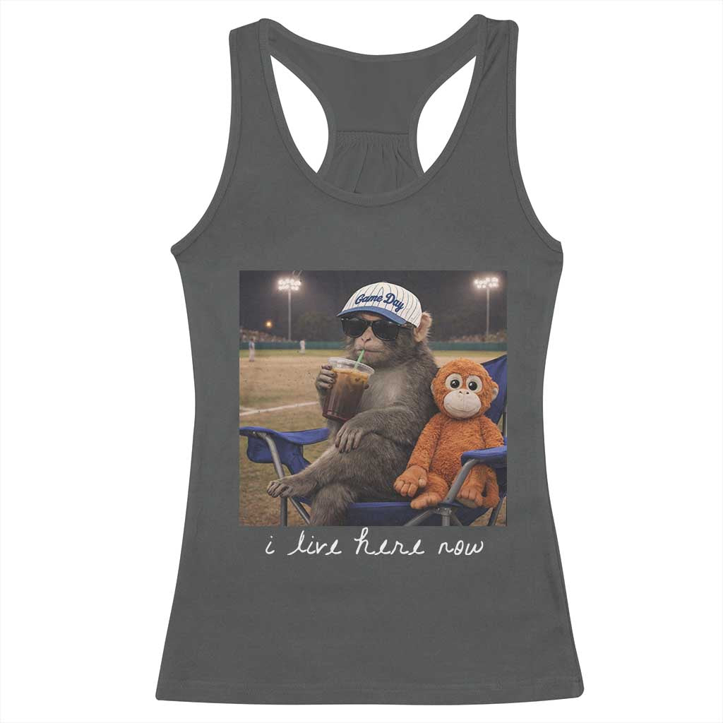 I Live Here Now Punch Monkey Racerback Tank Top Funny Drinking Iced Coffee Baseball Field