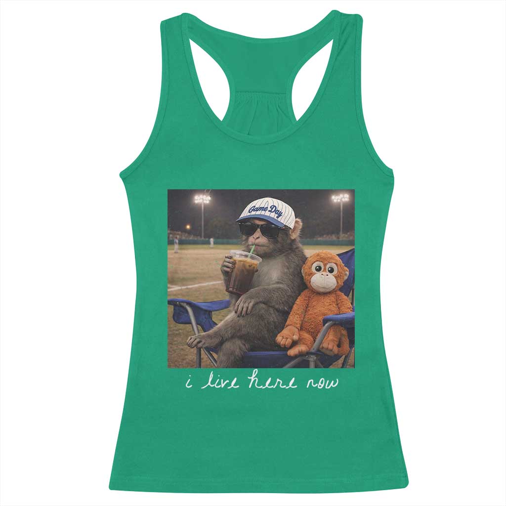 I Live Here Now Punch Monkey Racerback Tank Top Funny Drinking Iced Coffee Baseball Field