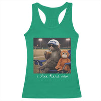 I Live Here Now Punch Monkey Racerback Tank Top Funny Drinking Iced Coffee Baseball Field
