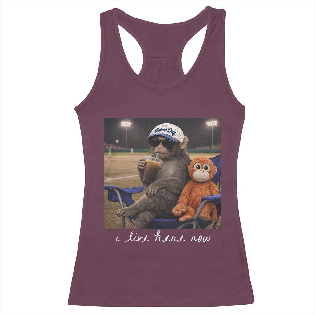 I Live Here Now Punch Monkey Racerback Tank Top Funny Drinking Iced Coffee Baseball Field