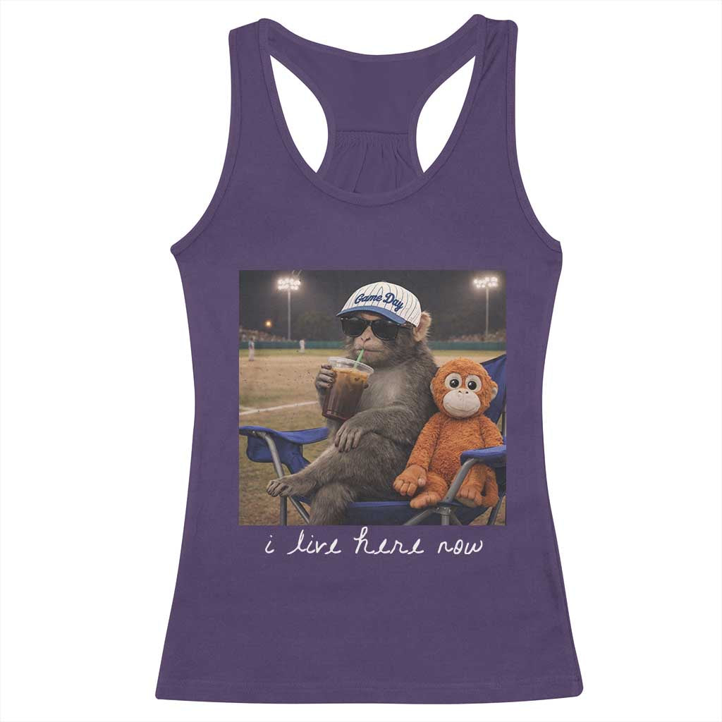 I Live Here Now Punch Monkey Racerback Tank Top Funny Drinking Iced Coffee Baseball Field