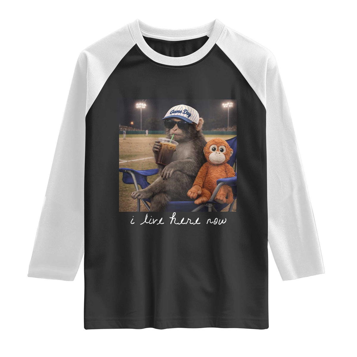 I Live Here Now Punch Monkey Raglan Shirt Funny Drinking Iced Coffee Baseball Field