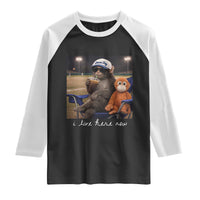 I Live Here Now Punch Monkey Raglan Shirt Funny Drinking Iced Coffee Baseball Field