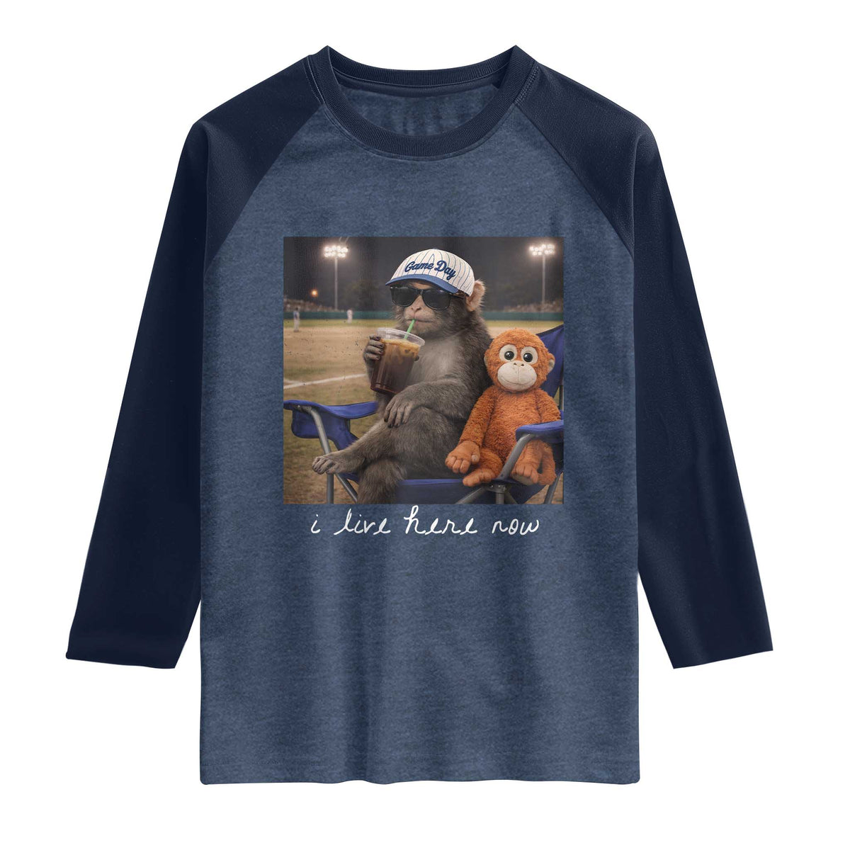 I Live Here Now Punch Monkey Raglan Shirt Funny Drinking Iced Coffee Baseball Field