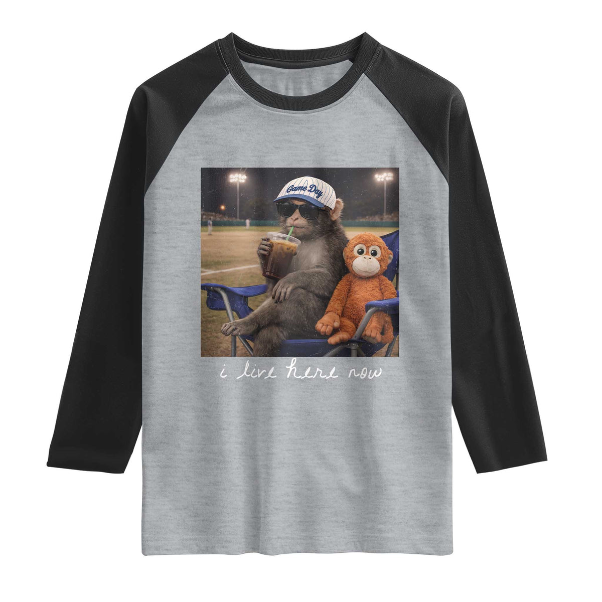 I Live Here Now Punch Monkey Raglan Shirt Funny Drinking Iced Coffee Baseball Field
