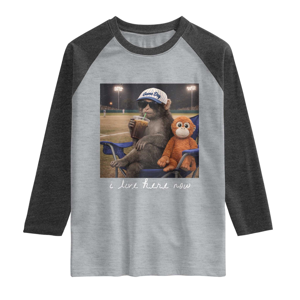 I Live Here Now Punch Monkey Raglan Shirt Funny Drinking Iced Coffee Baseball Field