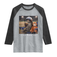 I Live Here Now Punch Monkey Raglan Shirt Funny Drinking Iced Coffee Baseball Field