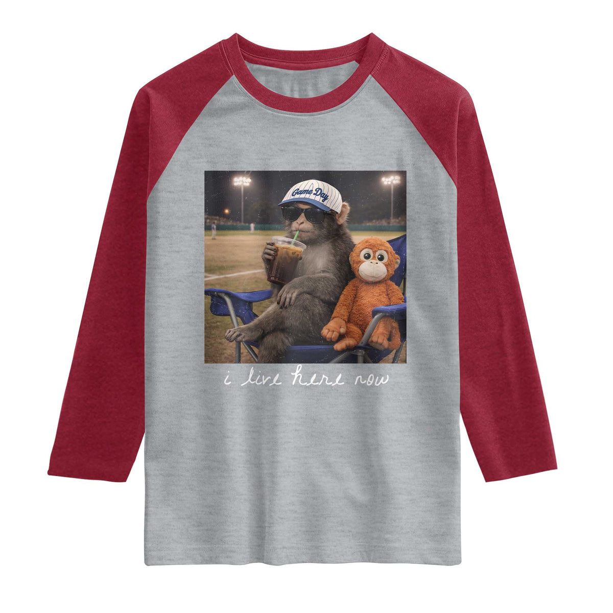 I Live Here Now Punch Monkey Raglan Shirt Funny Drinking Iced Coffee Baseball Field