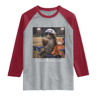 I Live Here Now Punch Monkey Raglan Shirt Funny Drinking Iced Coffee Baseball Field