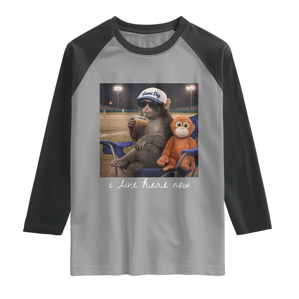 I Live Here Now Punch Monkey Raglan Shirt Funny Drinking Iced Coffee Baseball Field