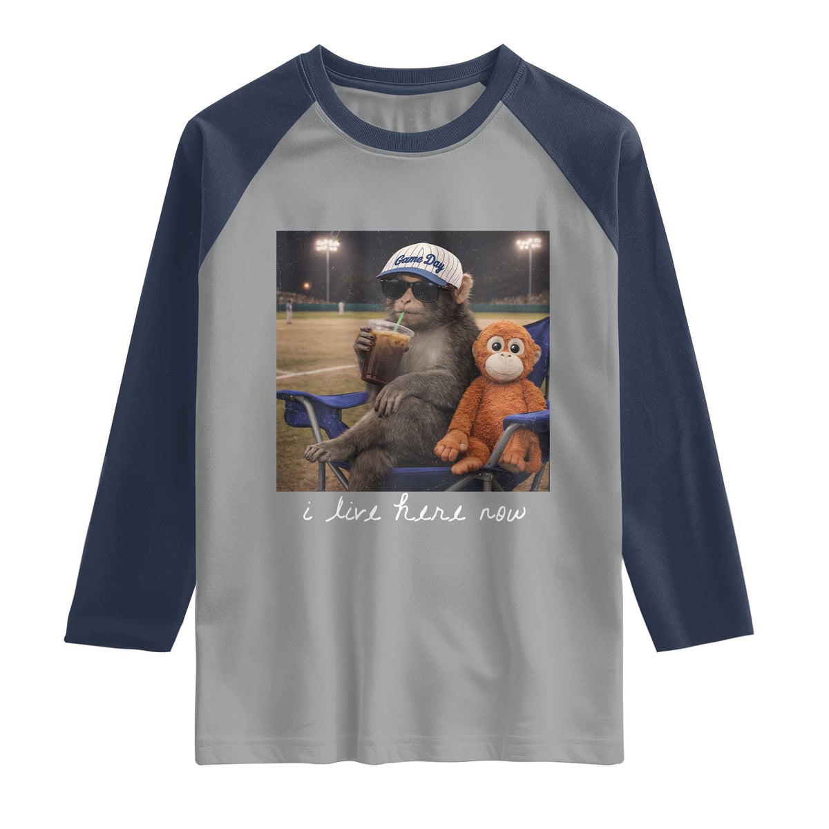 I Live Here Now Punch Monkey Raglan Shirt Funny Drinking Iced Coffee Baseball Field