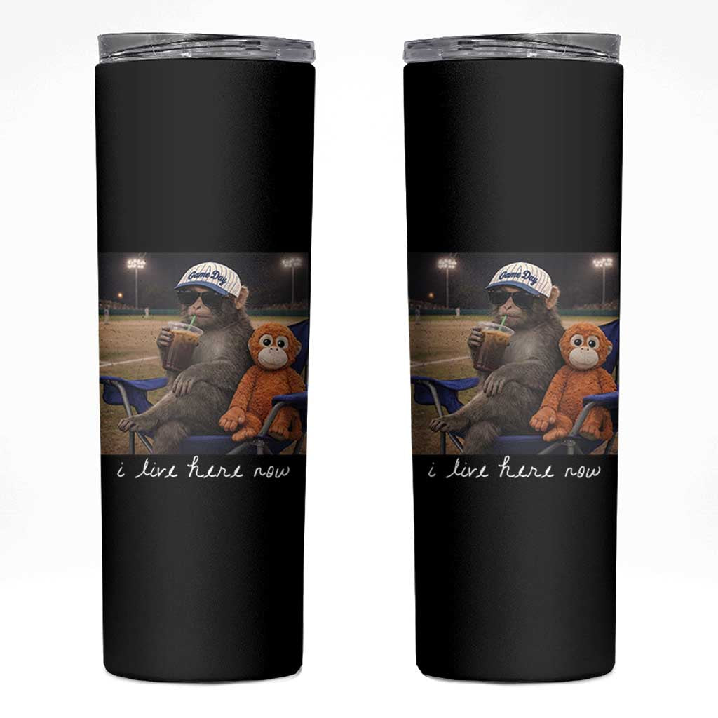 I Live Here Now Punch Monkey Skinny Tumbler Funny Drinking Iced Coffee Baseball Field