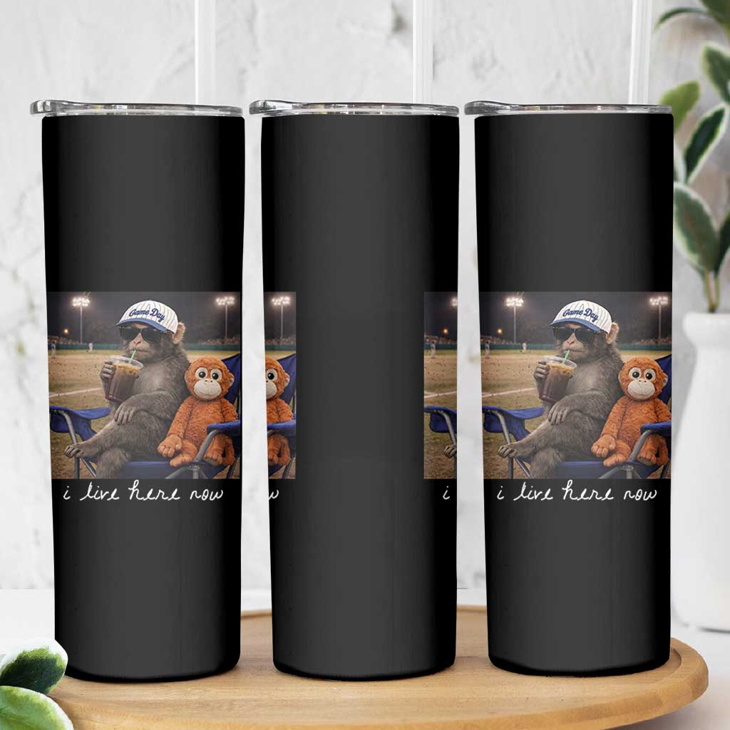 I Live Here Now Punch Monkey Skinny Tumbler Funny Drinking Iced Coffee Baseball Field