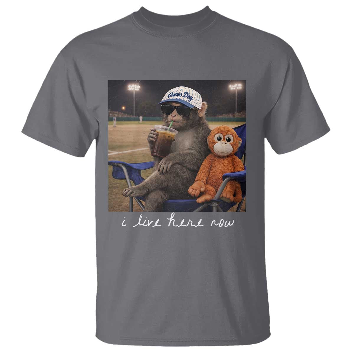 I Live Here Now Punch Monkey T Shirt Funny Drinking Iced Coffee Baseball Field