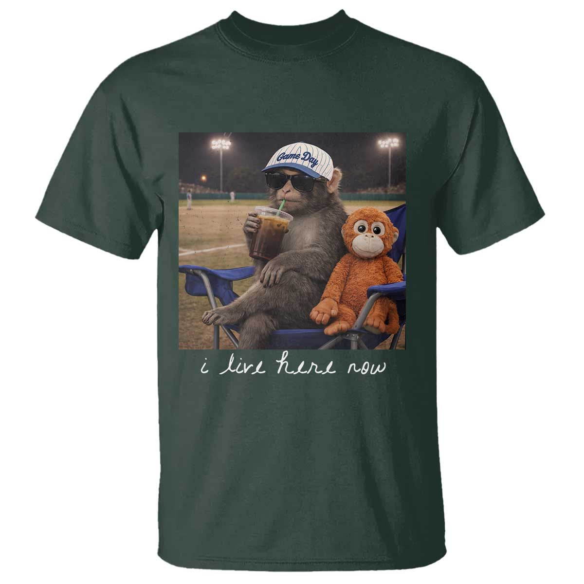 I Live Here Now Punch Monkey T Shirt Funny Drinking Iced Coffee Baseball Field