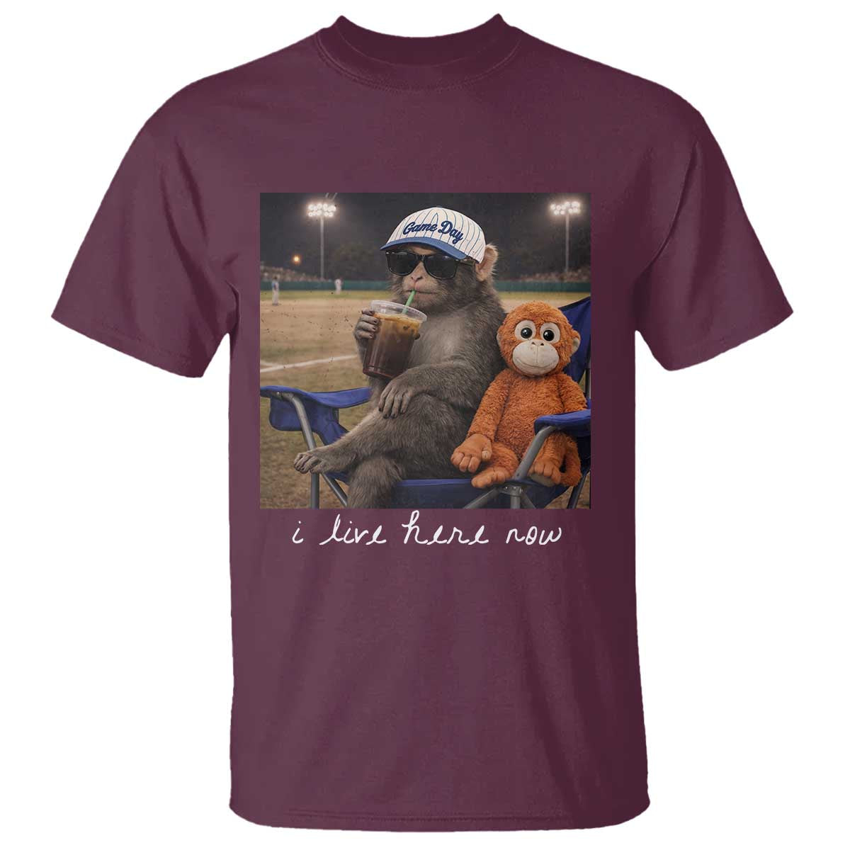 I Live Here Now Punch Monkey T Shirt Funny Drinking Iced Coffee Baseball Field