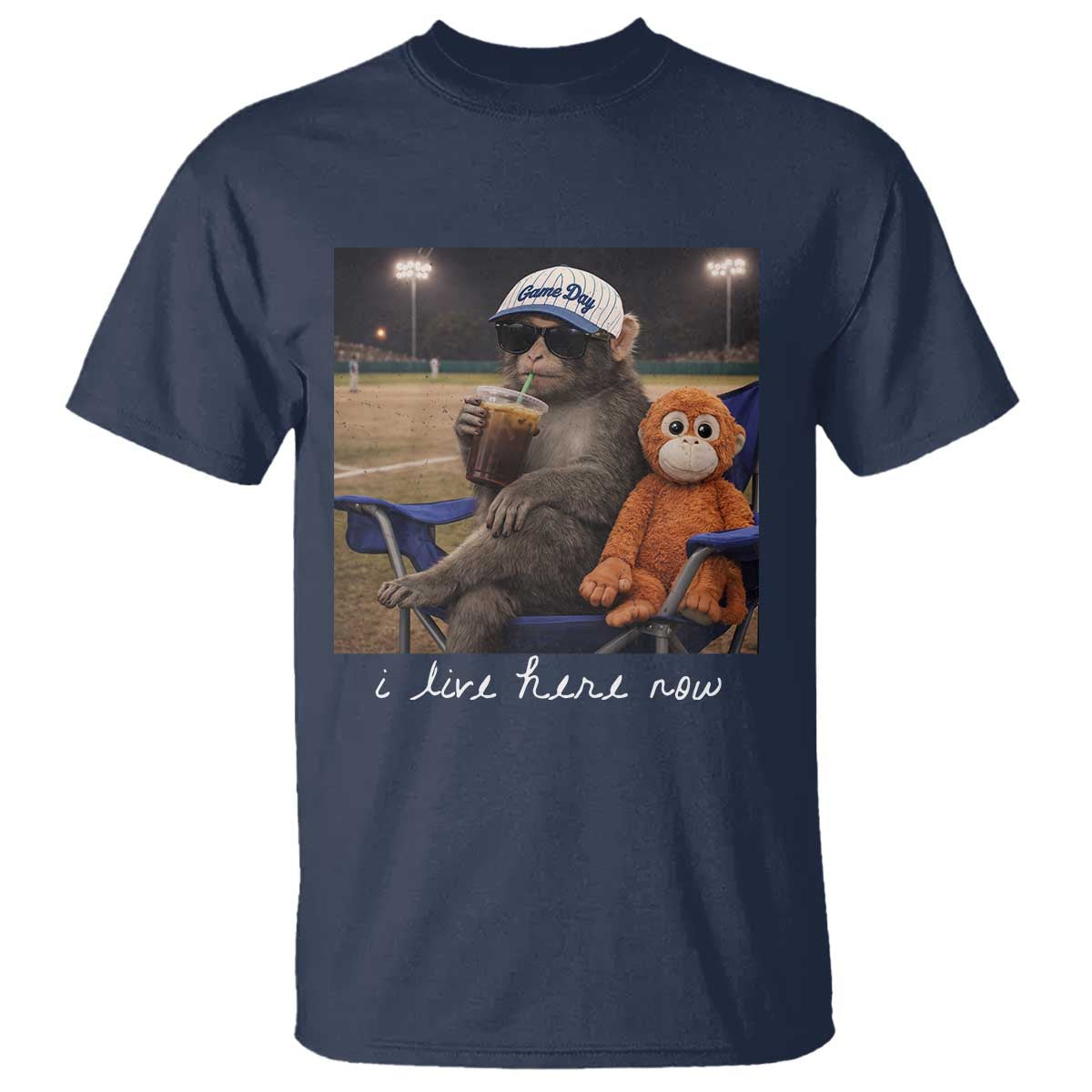 I Live Here Now Punch Monkey T Shirt Funny Drinking Iced Coffee Baseball Field