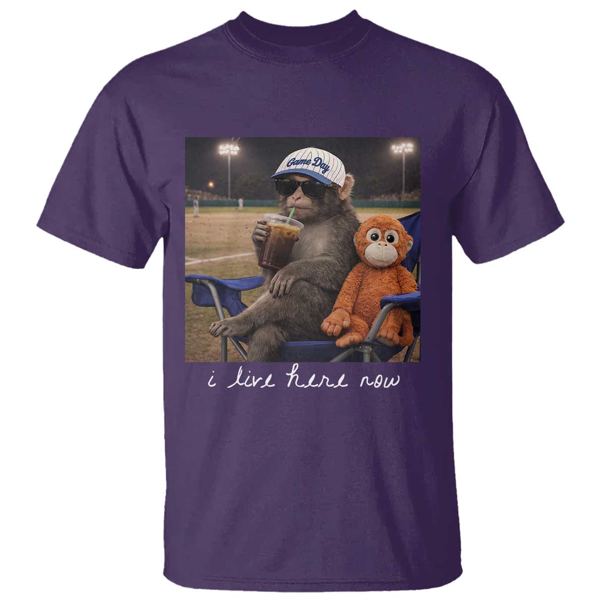 I Live Here Now Punch Monkey T Shirt Funny Drinking Iced Coffee Baseball Field