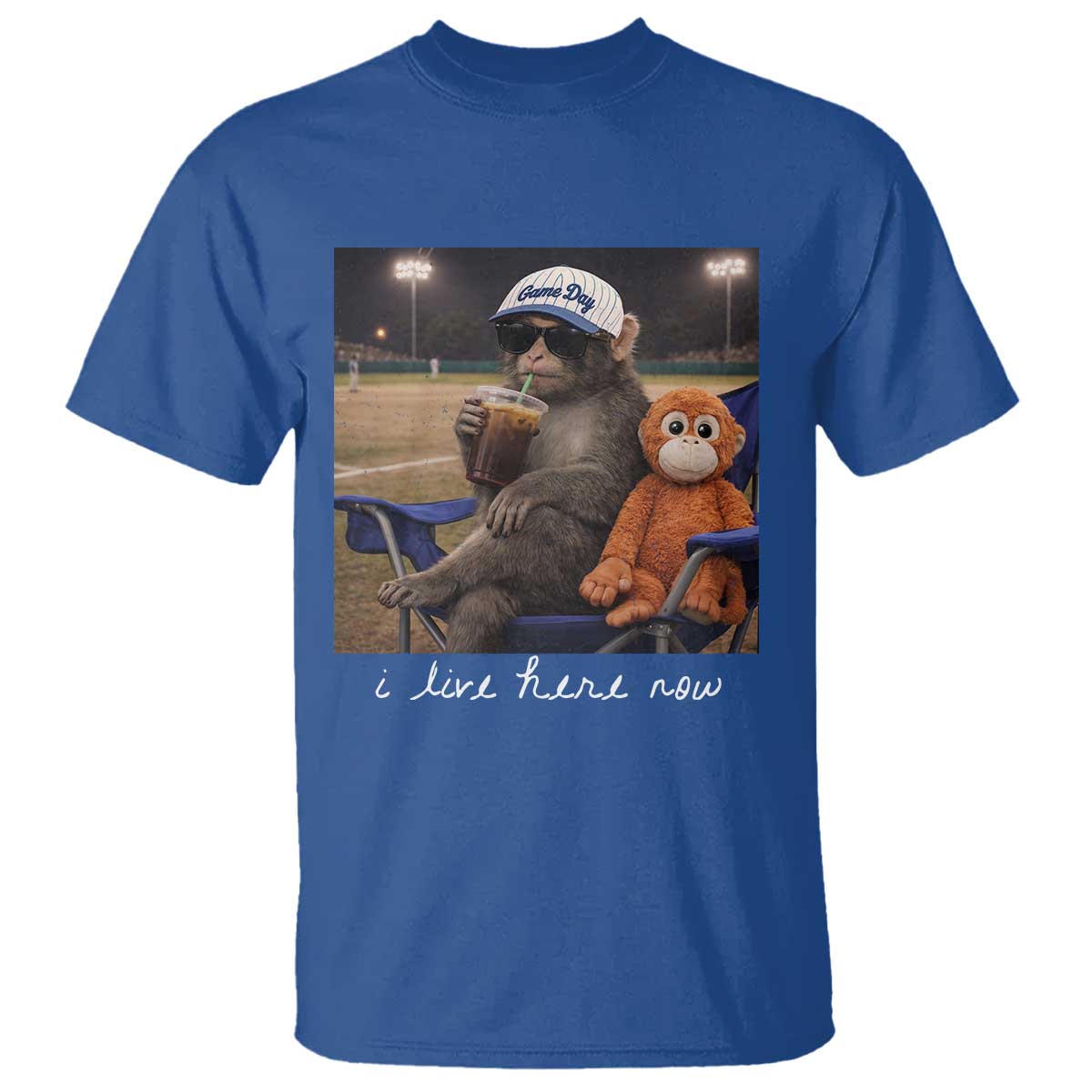 I Live Here Now Punch Monkey T Shirt Funny Drinking Iced Coffee Baseball Field