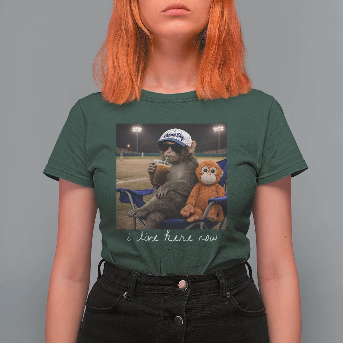 I Live Here Now Punch Monkey T Shirt For Women Funny Drinking Iced Coffee Baseball Field