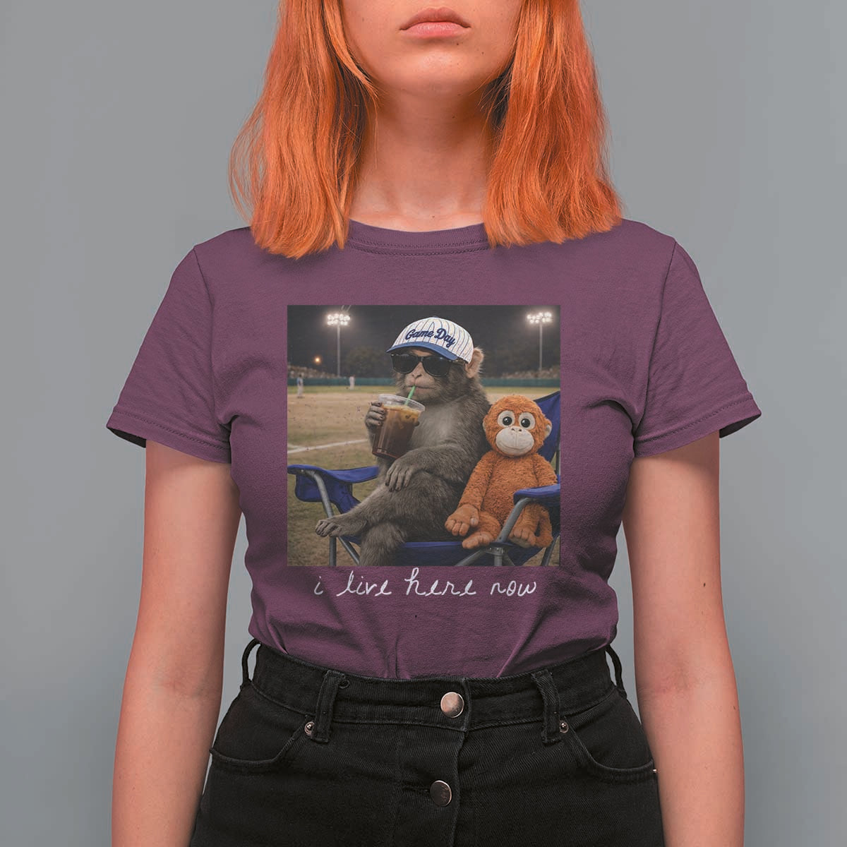 I Live Here Now Punch Monkey T Shirt For Women Funny Drinking Iced Coffee Baseball Field