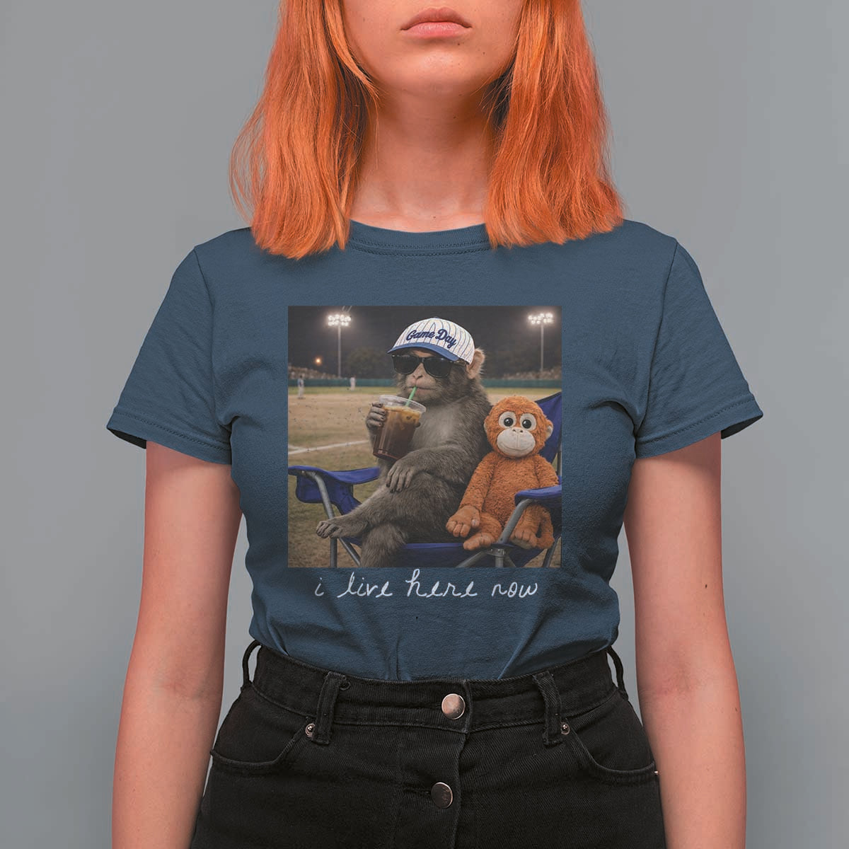 I Live Here Now Punch Monkey T Shirt For Women Funny Drinking Iced Coffee Baseball Field