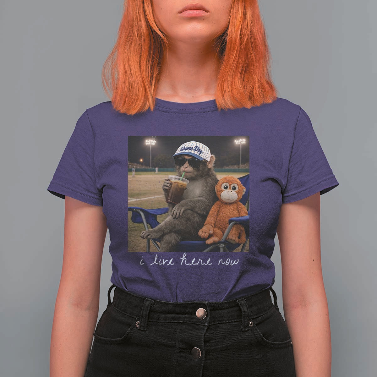 I Live Here Now Punch Monkey T Shirt For Women Funny Drinking Iced Coffee Baseball Field
