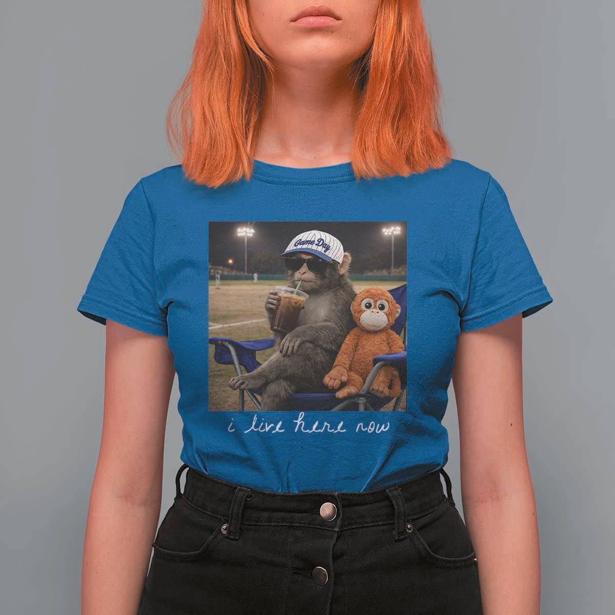 I Live Here Now Punch Monkey T Shirt For Women Funny Drinking Iced Coffee Baseball Field