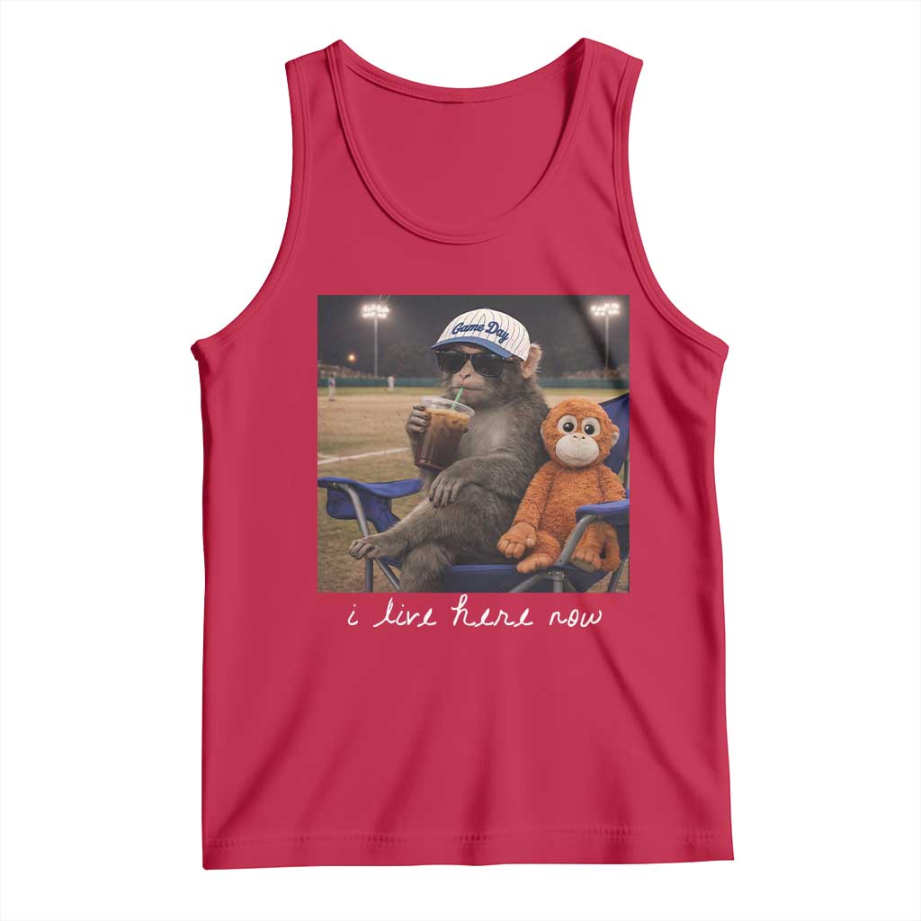 I Live Here Now Punch Monkey Tank Top Funny Drinking Iced Coffee Baseball Field