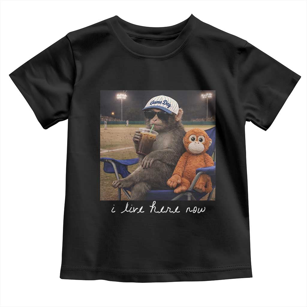 I Live Here Now Punch Monkey Toddler T Shirt Funny Drinking Iced Coffee Baseball Field