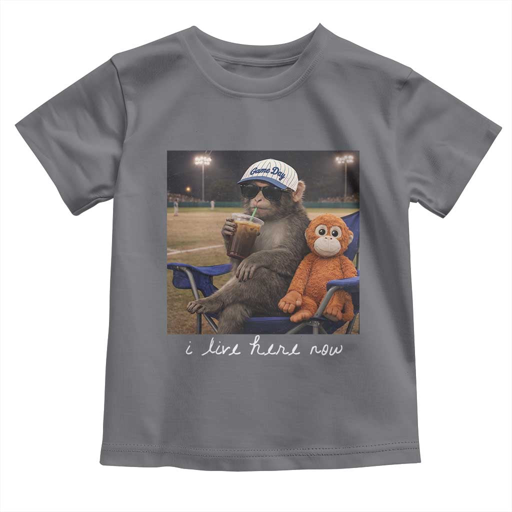 I Live Here Now Punch Monkey Toddler T Shirt Funny Drinking Iced Coffee Baseball Field