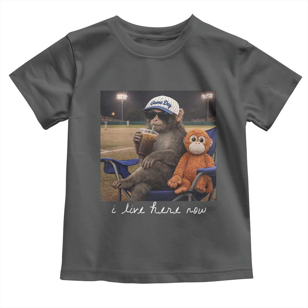 I Live Here Now Punch Monkey Toddler T Shirt Funny Drinking Iced Coffee Baseball Field