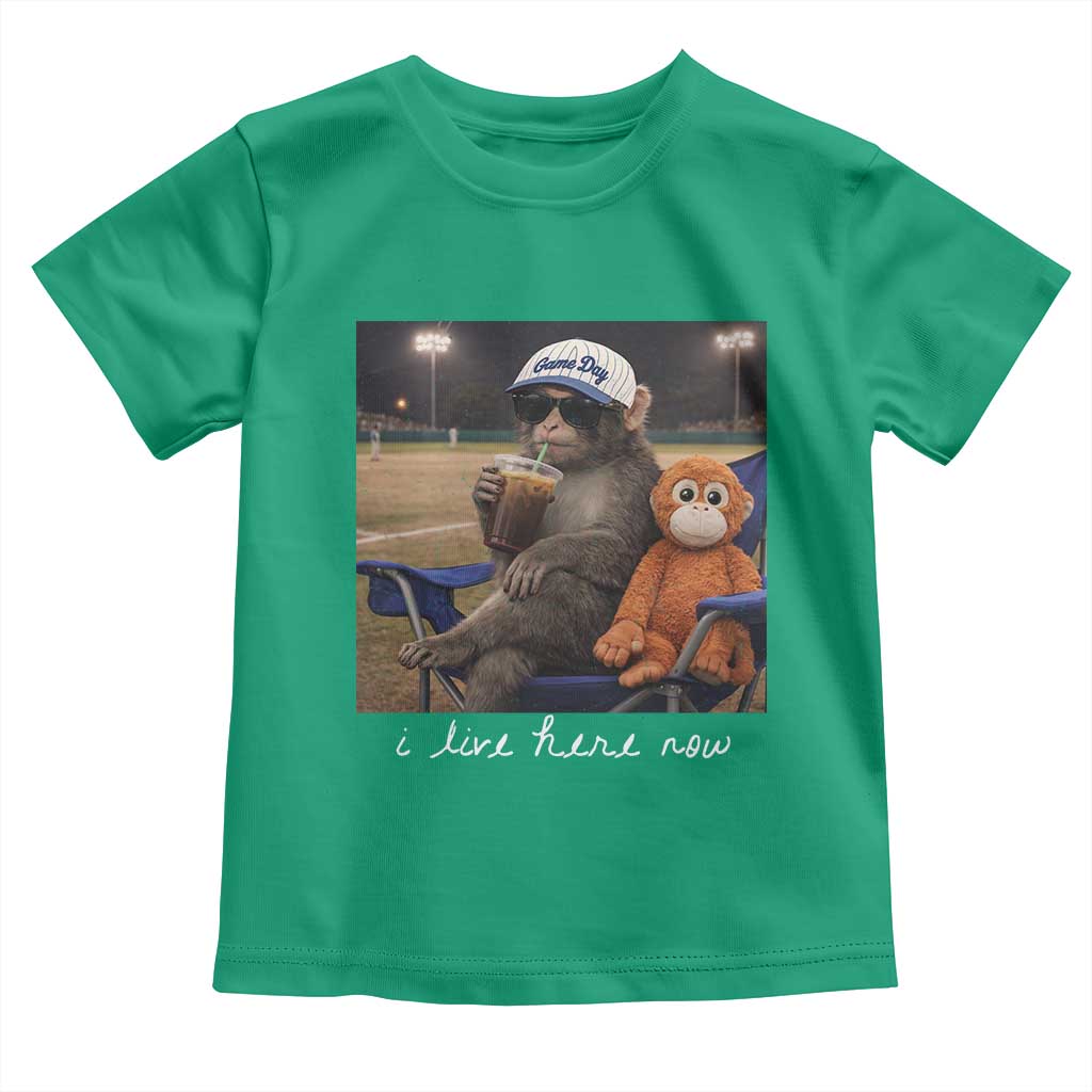 I Live Here Now Punch Monkey Toddler T Shirt Funny Drinking Iced Coffee Baseball Field